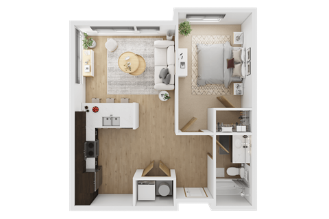 Floor plan for 1 bed, 1 bath, 623 sqft